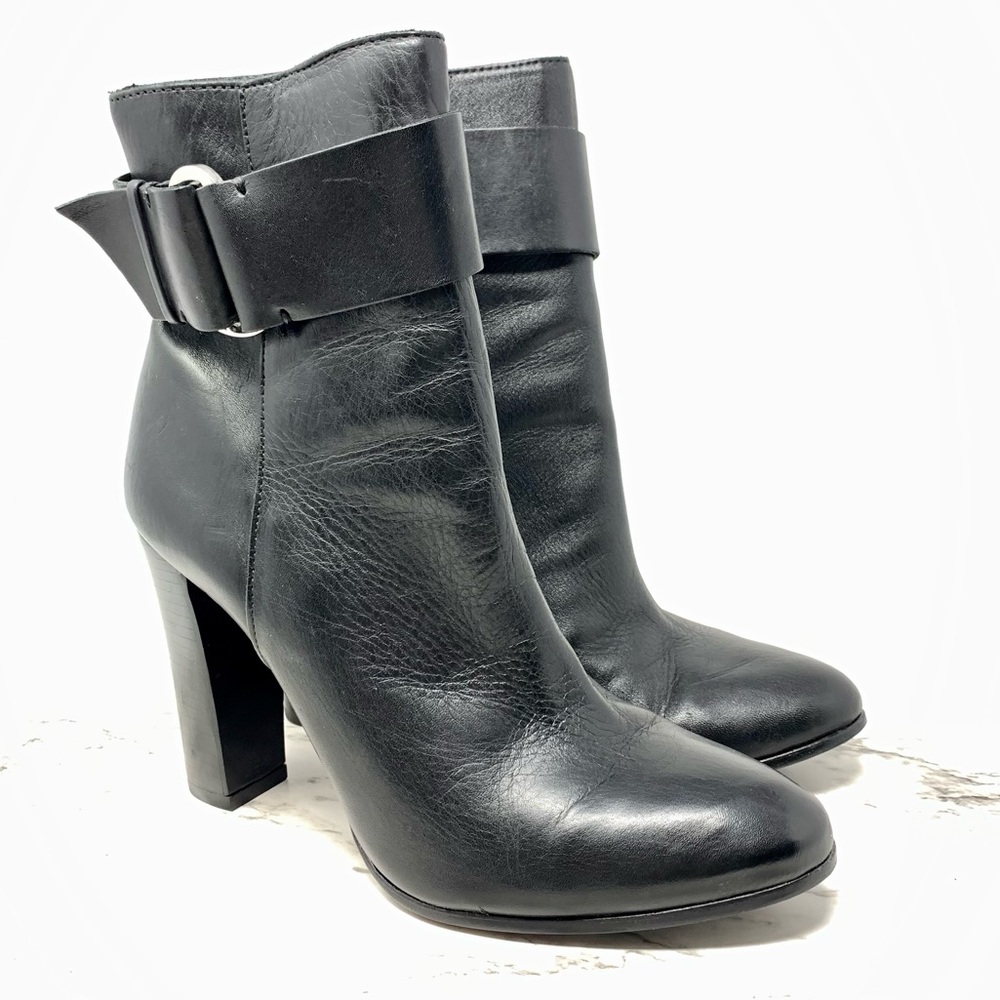 SCHUTZ Namil Buckle Detail Leather Booties 8 Minimalist Sleek Neutral Classic
